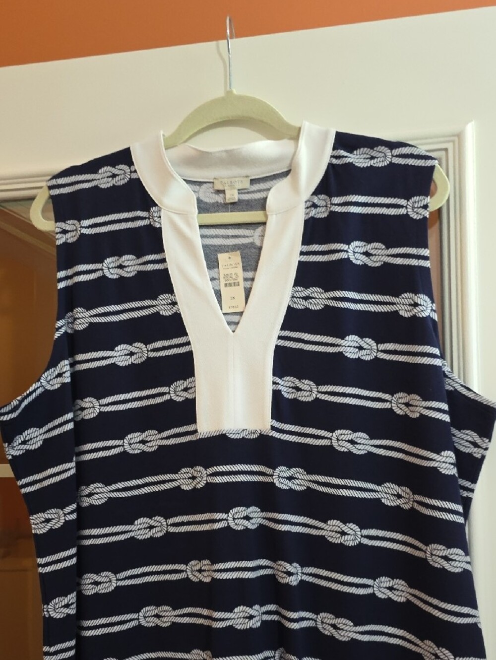 Talbots Navy and White Sleeveless Rope-Print Shift Dress - Picture 3 of 5